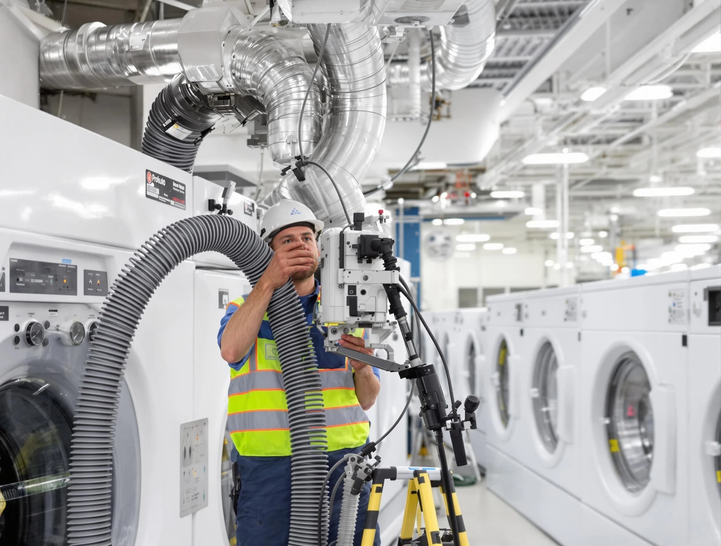 Adams Dryer Vent Cleaning team performing commercial-grade dryer vent cleaning at a business facility in Adams