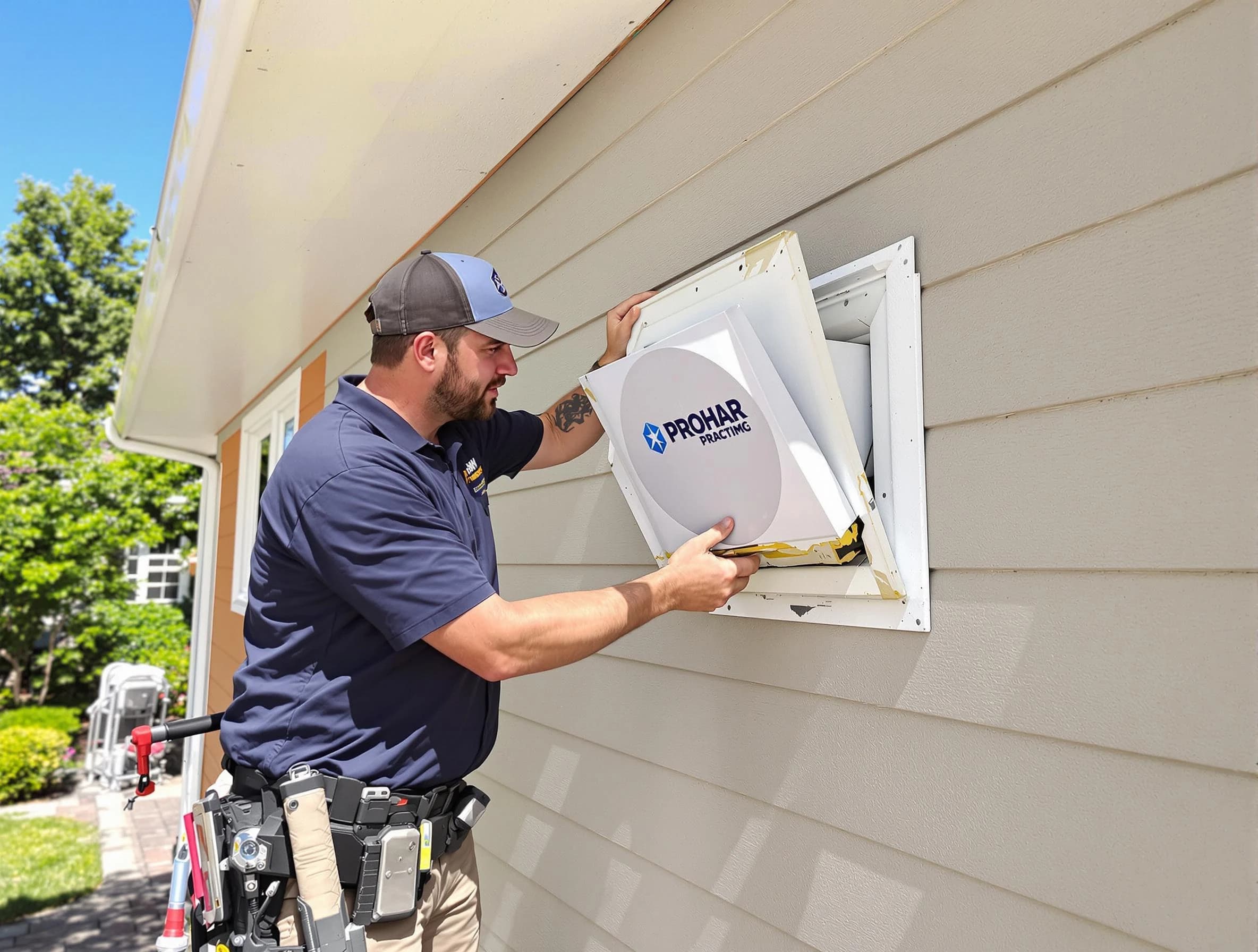 Adams Dryer Vent Cleaning technician installing a new protective dryer vent cover on a home in Adams