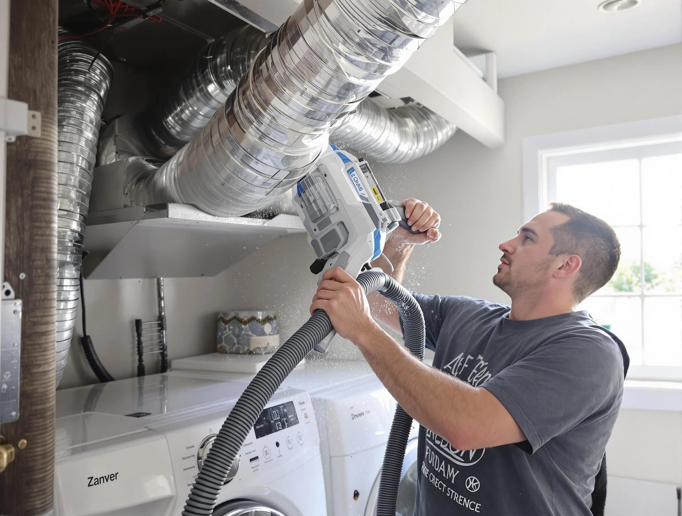 Adams Dryer Vent Cleaning specialist cleaning deep within a dryer vent duct system in Adams