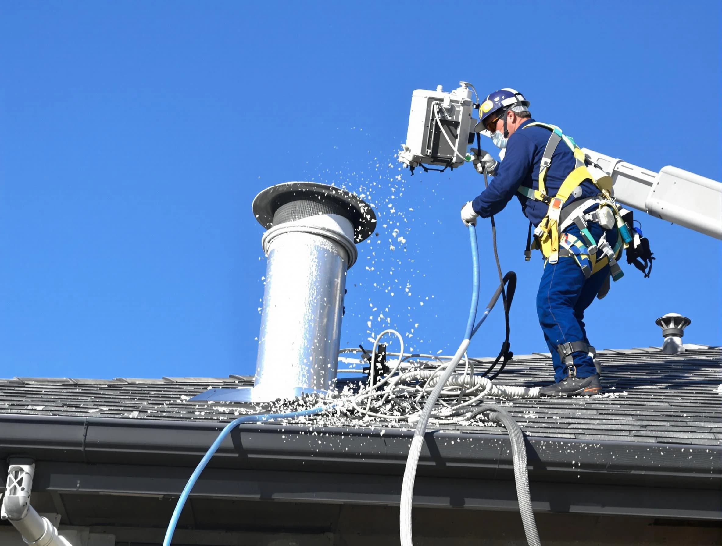 Adams Dryer Vent Cleaning certified technician safely cleaning a roof-mounted dryer vent in Adams