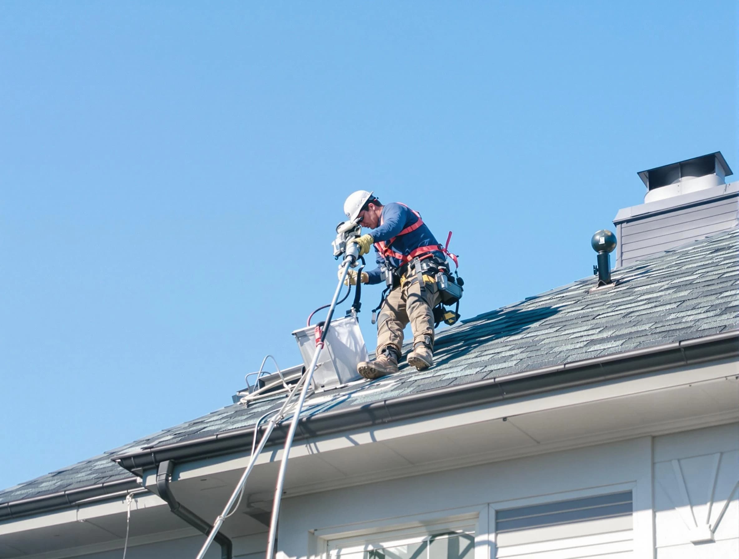 Adams Dryer Vent Cleaning certified technician cleaning a roof-mounted dryer vent system in Adams