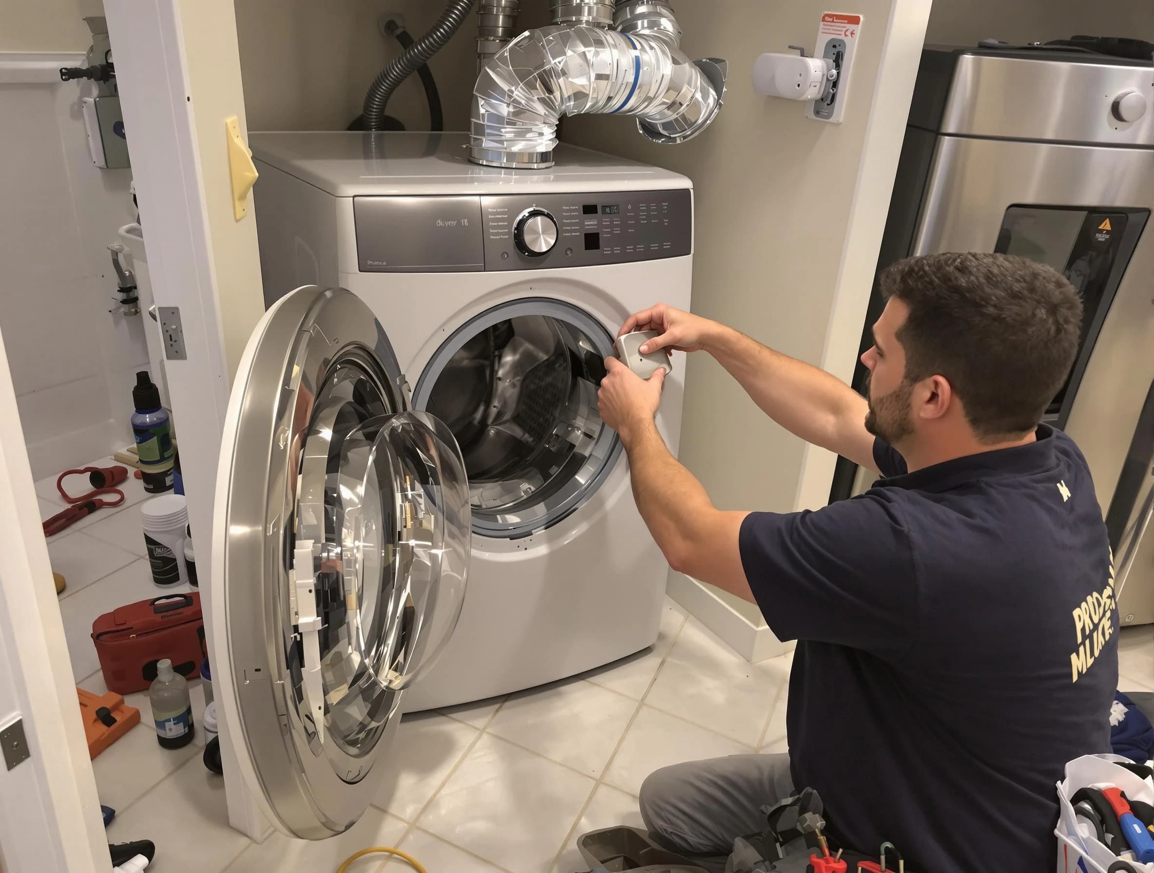 Adams Dryer Vent Cleaning technician performing precise dryer vent hose installation in Adams