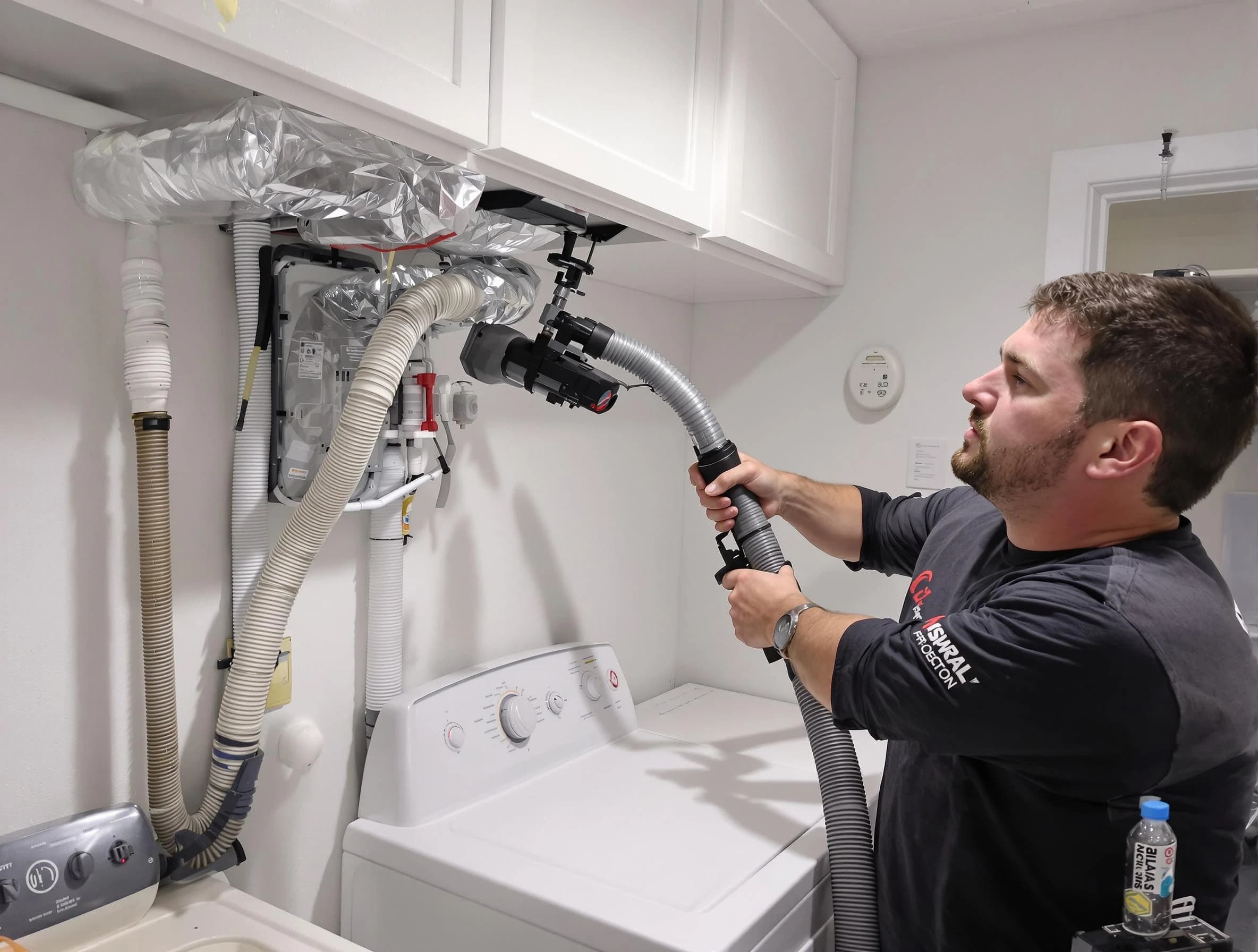 Adams Dryer Vent Cleaning certified technician performing safety-focused gas dryer vent cleaning in Adams
