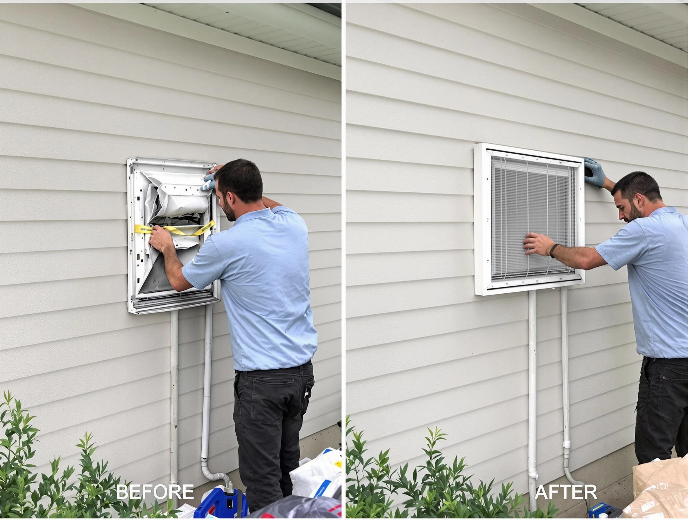 Adams Dryer Vent Cleaning technician installing high-quality dryer vent cover at a residential property in Adams